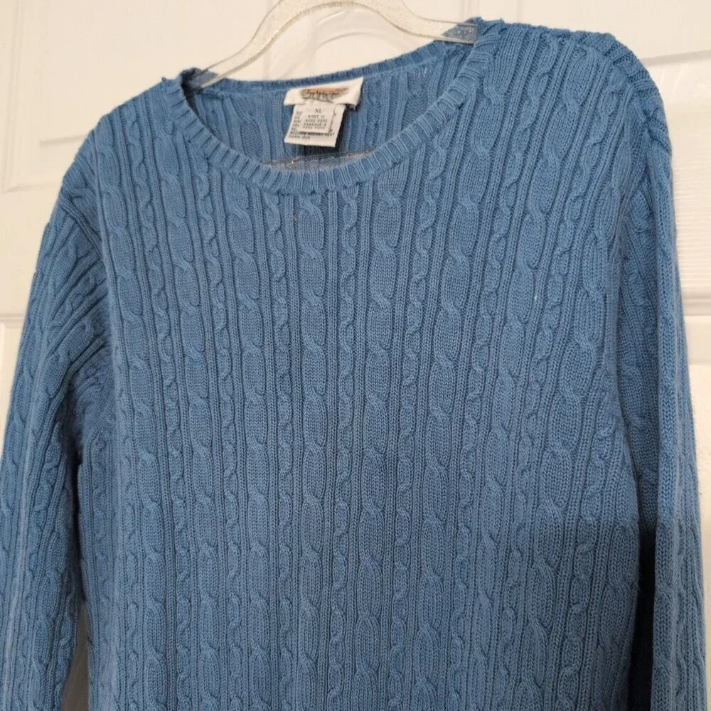 Talbots Cable Knit Sweater Womens Size XL Blue 100% Cotton Crew Neck Long Sleeve